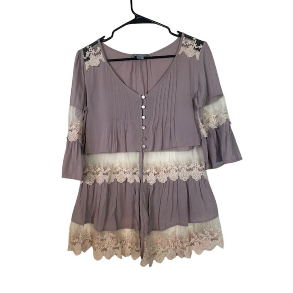 Solemio Lilac Purple Sheer Lace Button Front Blouse Women Sz S